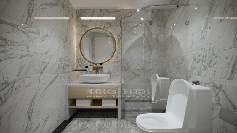 Phòng WC nổi bật với mẫu gương trang trí gắn đèn led. Đặc biệt hơn nữa là không gian thư giãn này cũng được ốp đá nhân tạo cao cấp giúp cho không sang thư giãn chanh xả. Đá nhân tạo solid surface