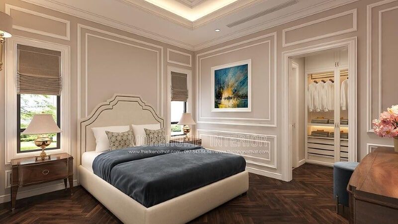 Sắp xếp nội thất phòng ngủ tân cổ điển đẹp, sang trọng, tinh tế với gam trắng chủ đạo từ giường, tường, trần thạch cao.