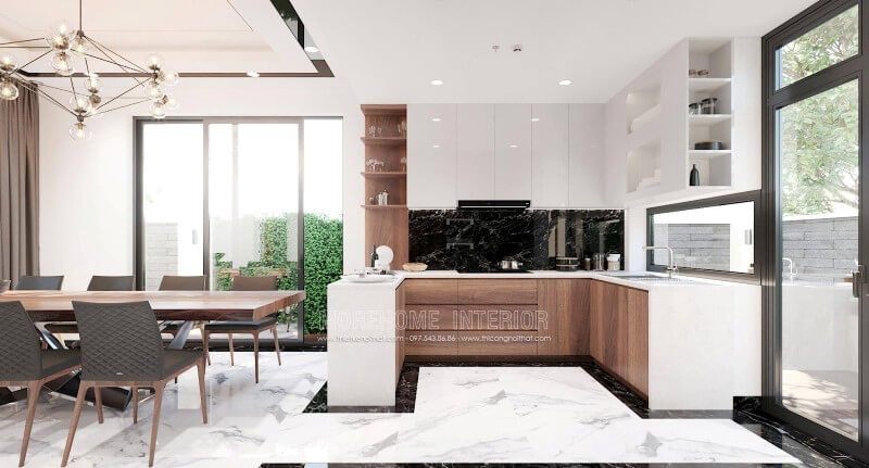 Mẫu tủ bếp gỗ tự nhiên được thiết kế ấn tượng với sự phân chia khoa học mang lại sự thuận tiện cho người nấu.