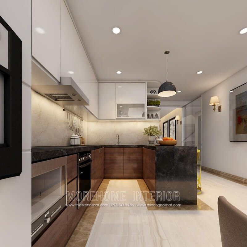 Thiết kế tủ bếp chung cư hiện đại, kết hợp bản đảo tạo sự tiện nghi cho người nội trợ trong quá trình dùng bữa