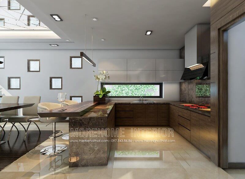 Trang trí nội thất phòng bếp biệt thự với mẫu tủ bếp ấn tượng
