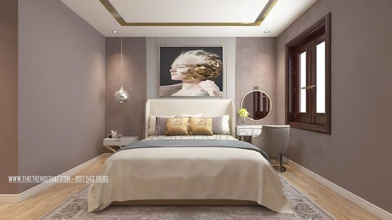 Chiếc giường ngủ tân cổ điển thiết kế đơn giản, đẹp mắt kết hợp mẫu bàn trang điểm nhỏ góc đầu giường giúp cho bạn có được sự riêng tư trong không gian phòng ngủ của mình giường ngủ giá rẻi